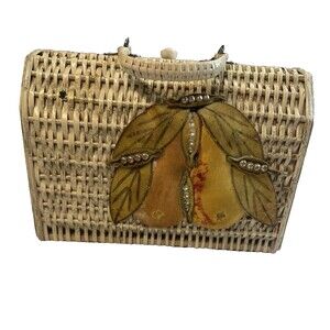 Vintage 1950s Ricci for Shaggee Wicker Box Purse Velvet Fruit Peaches Pearls MCM